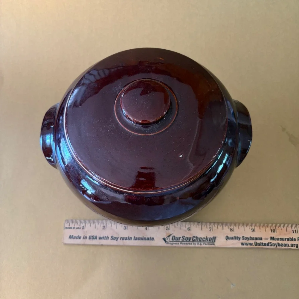 Vintage USA Pottery Brown Glazed Bean Pot with Lid Stoneware Casserole Dish 8in